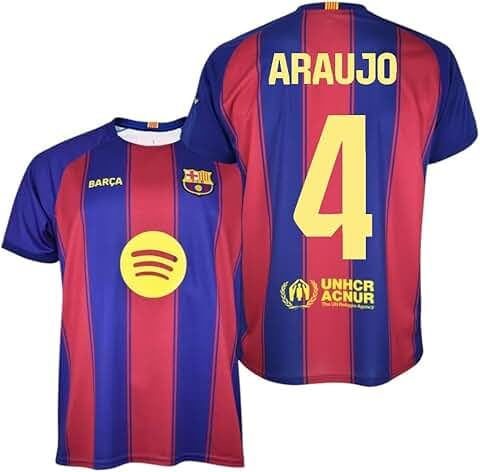 FC Barcelona Conjunto Infantil – Camiseta y Pantalón – Réplica Oficial Autorizada – R. Araujo Dorsal Nº4 