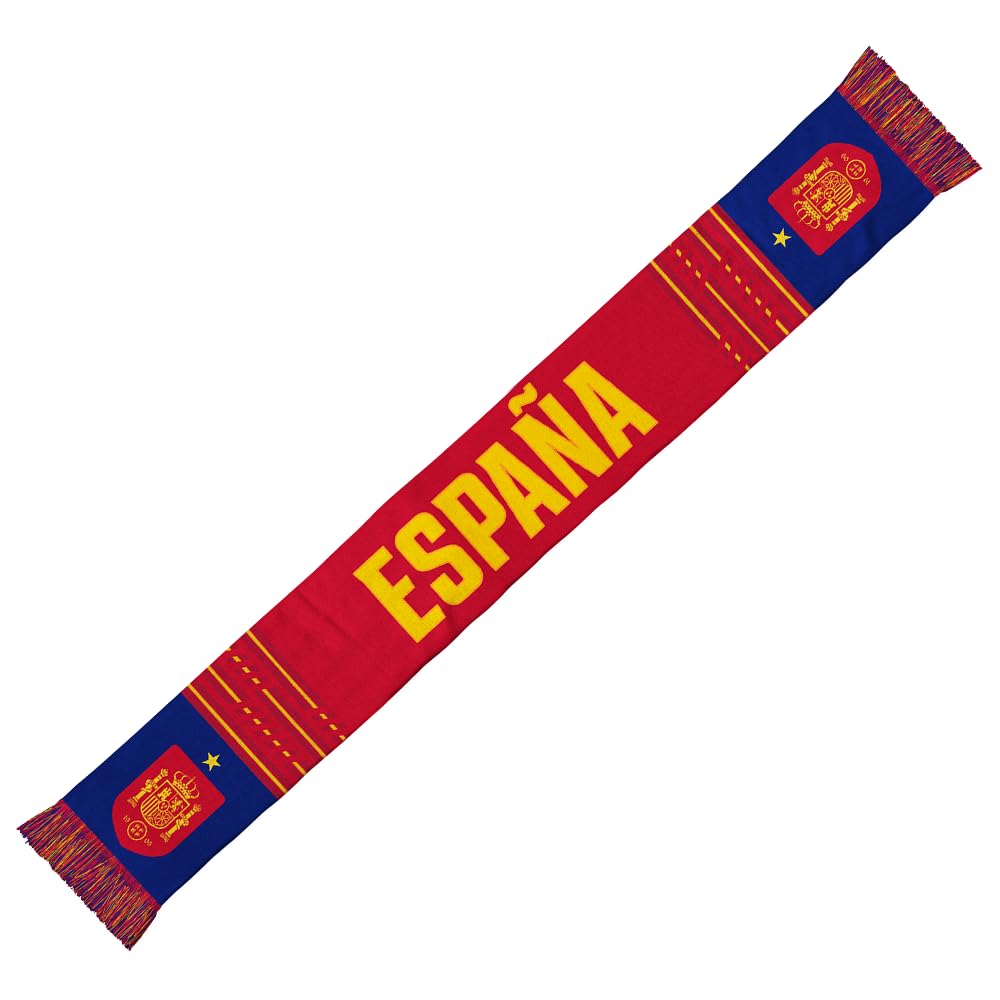BUFANDA ESPAÑA 2026 – Bufanda Oficial de La Selección Española – Diseño Rojo con Bandas Azules, “ESPAÑA” en Amarillo, Escudo RFEF y Flecos Multicolor