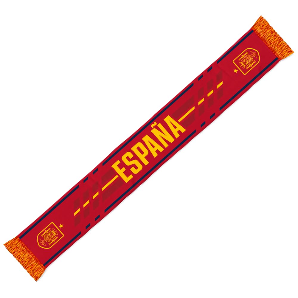 BUFANDA ESPAÑA 2026 – Bufanda Oficial de la Selección Española – Diseño Rojo con Escudo RFEF, Flecos Amarillos y Gráficos de La Roja