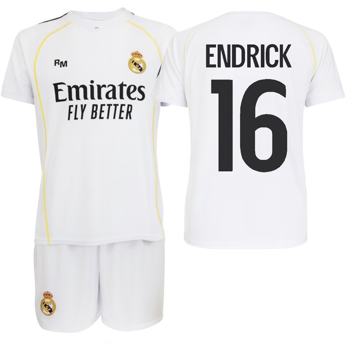Real Madrid conjunto camiseta y pantalon- Réplica oficial con licencia- ENDRICK Nº16- infantil