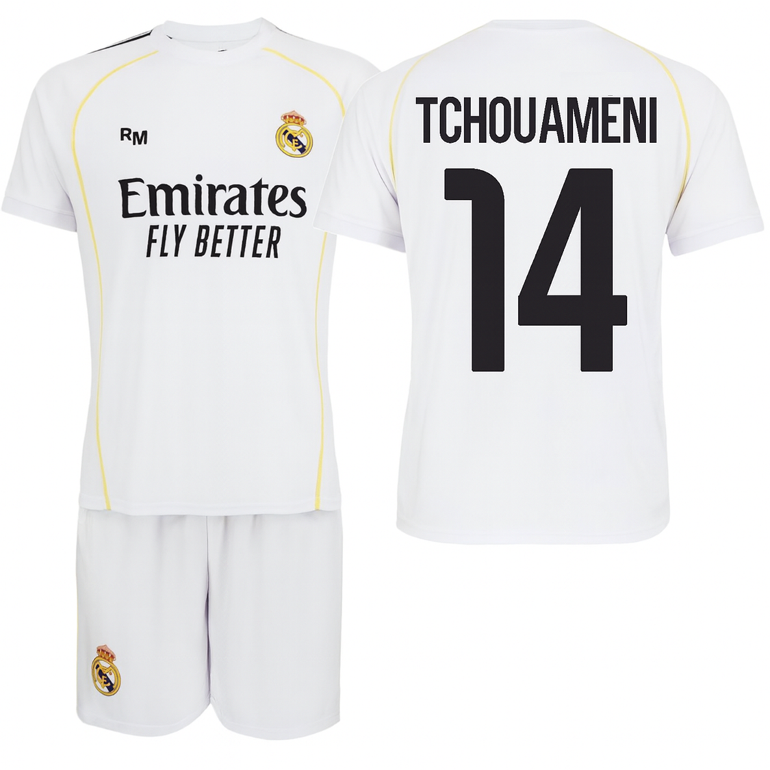 Real Madrid conjunto camiseta y pantalon- Réplica oficial con licencia- TCHOUAMENI Nº14- infantil